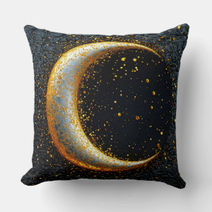 Golden Crescent Moon Surrounded by Sparkling Stars Cushion