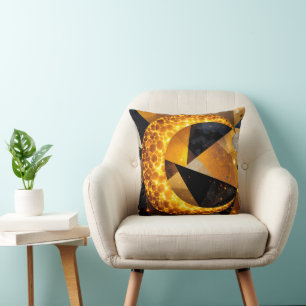 Golden Crescent Moon with Cosmic Geometric Stars Cushion