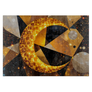 Golden Crescent Moon with Cosmic Geometric Stars Cutting Board