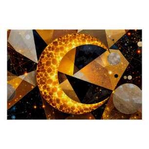 Golden Crescent Moon with Cosmic Geometric Stars Poster