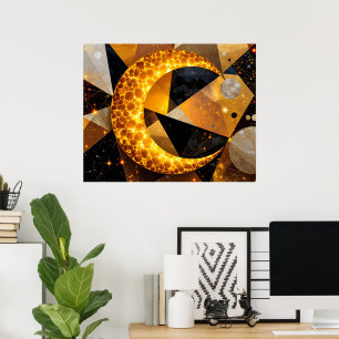 Golden Crescent Moon with Cosmic Geometric Stars Poster
