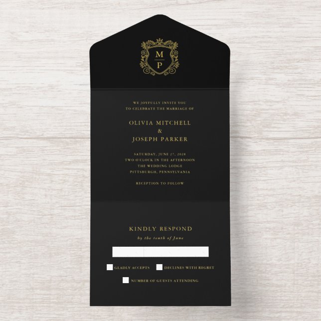 Golden Crest | Black Elegant Wedding Gold Foil All In One Invitation (Inside)