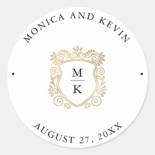 Golden Crest Elegant Black and White Wedding Classic Round Sticker