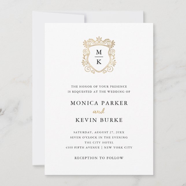 Golden Crest | Elegant Black and White Wedding Invitation (Front)