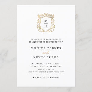 Golden Crest   Elegant Black and White Wedding Invitation