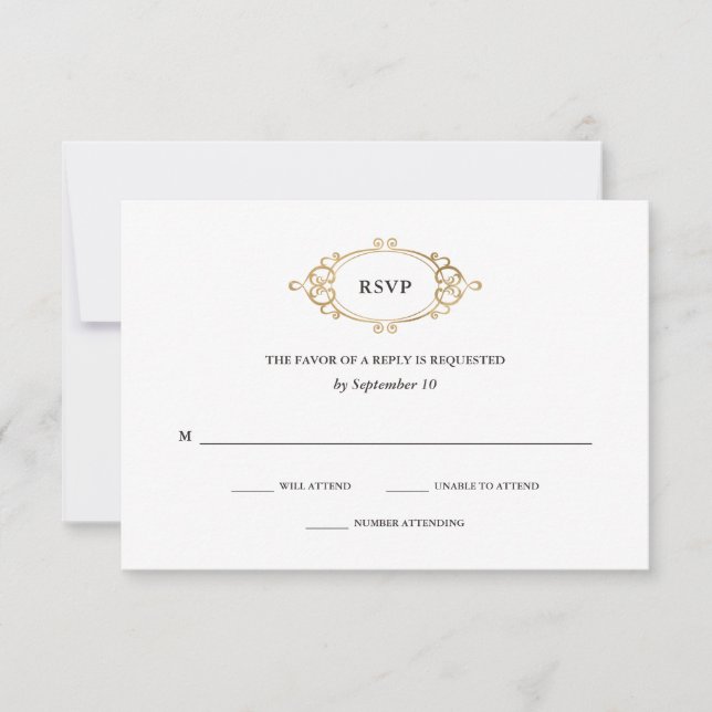 Golden Crest | Elegant Black and White Wedding RSVP Card (Front)