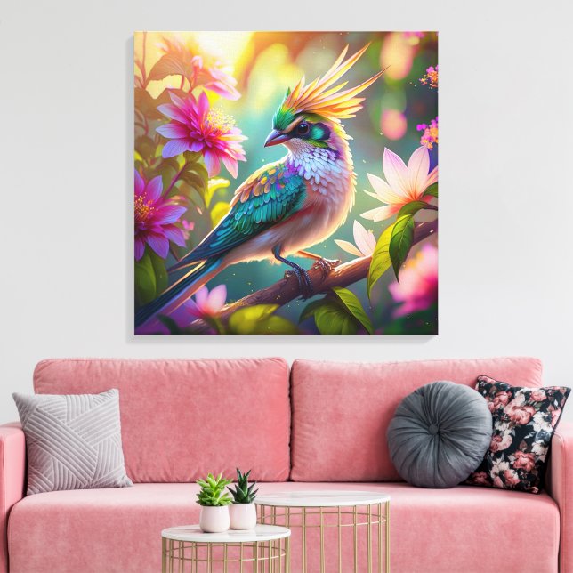 Golden Crested Green Headed Finch Fantasy Bird Canvas Print (Insitu(LivingRoom))