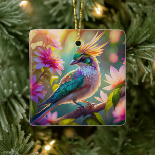 Golden Crested Green Headed Finch Fantasy Bird Ceramic Ornament