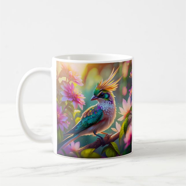Golden Crested Green Headed Finch Fantasy Bird Coffee Mug (Left)