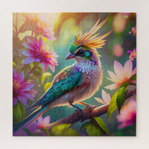 Golden Crested Green Headed Finch Fantasy Bird Jigsaw Puzzle
