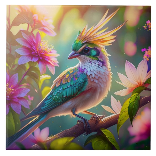 Golden Crested Green Headed Finch Fantasy Bird Tile (Front)