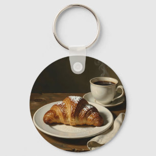 Golden Croissant Coffee Still Life Key Ring