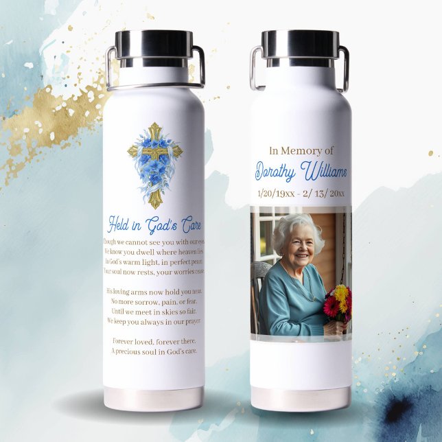 Golden Cross and Flowers Memorial Keepsake Water Bottle (Creator Uploaded)