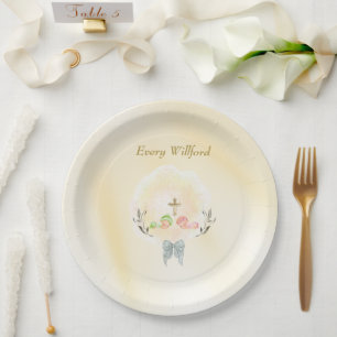 Golden Cross floral baptism paper plates