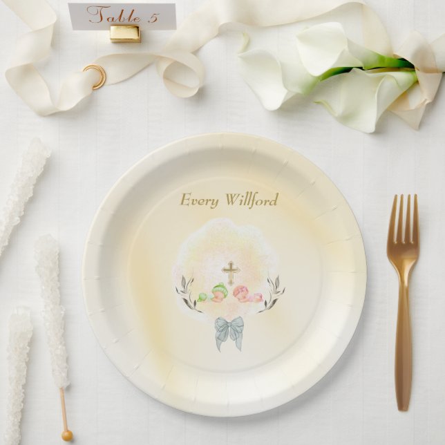  Golden Cross floral baptism paper plates  (Wedding)