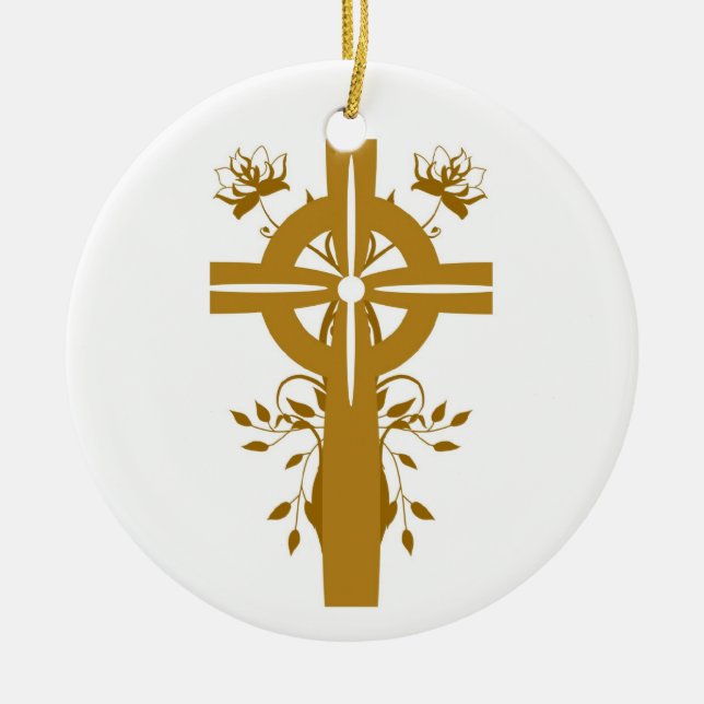 Golden Cross Floral Double Sided Round Ornament (Front)
