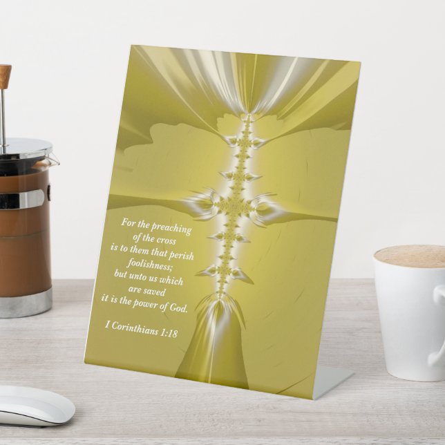 Golden Cross Fractal Art with Bible Verse Pedestal Sign (In SItu)