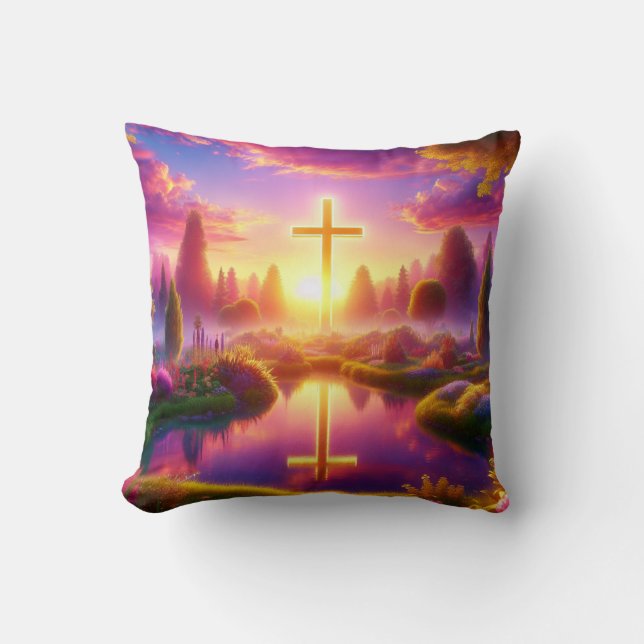Golden Cross in a Heavenly Tropical Garden Cushion (Front)