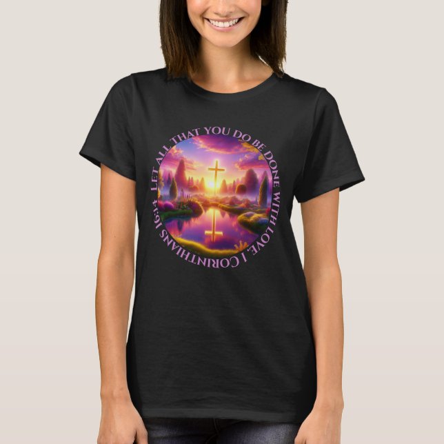 Golden Cross in a Heavenly Tropical Garden T-Shirt (Front)
