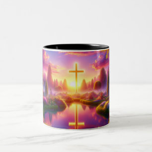 Golden Cross in a Heavenly Tropical Garden  Two-Tone Coffee Mug
