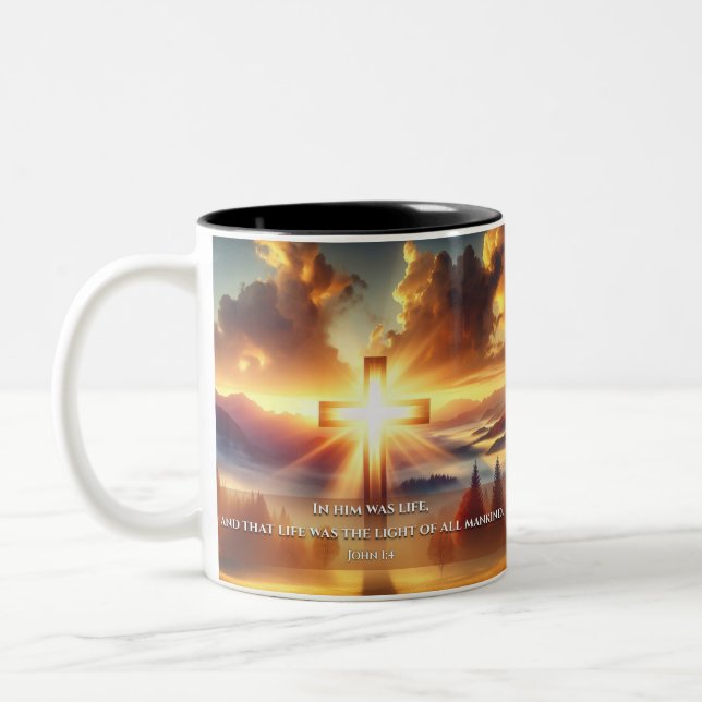 Golden Cross in an Autumn Meadow at Dawn Two-Tone Coffee Mug (Left)
