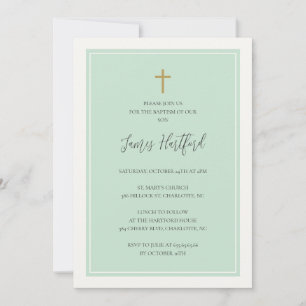 Golden cross minimalist aqua teal boys baptism invitation