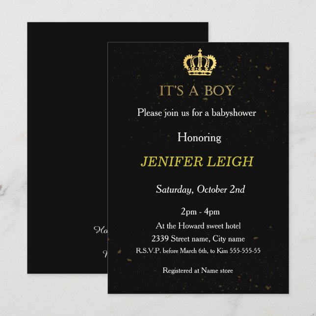 Golden Crown Baby boy shower invitation (Front/Back)