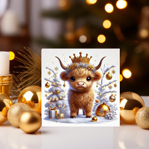 Golden Crown Christmas Highland Cow Holiday Card