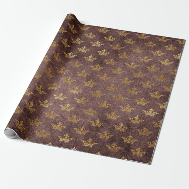 Golden Crown Confetti Royal Burgunde Velvet Wrapping Paper (Unrolled)