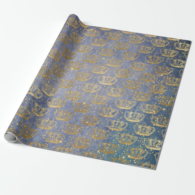 Golden Crown Confetti Royal Gray Blue Velvet Wrapping Paper (Unrolled)