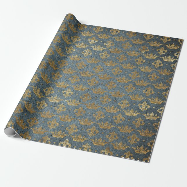 Golden Crown Confetti Royal Gray Blue Velvet Wrapping Paper (Unrolled)