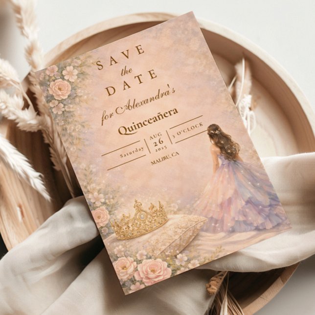 Golden Crown Fairytale Quinceañera Save The Date (Creator Uploaded)