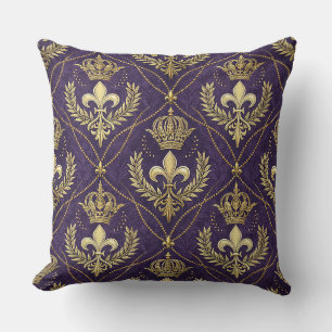 Golden Crown Fleur-de-lis Regal Purple Pattern Art Cushion