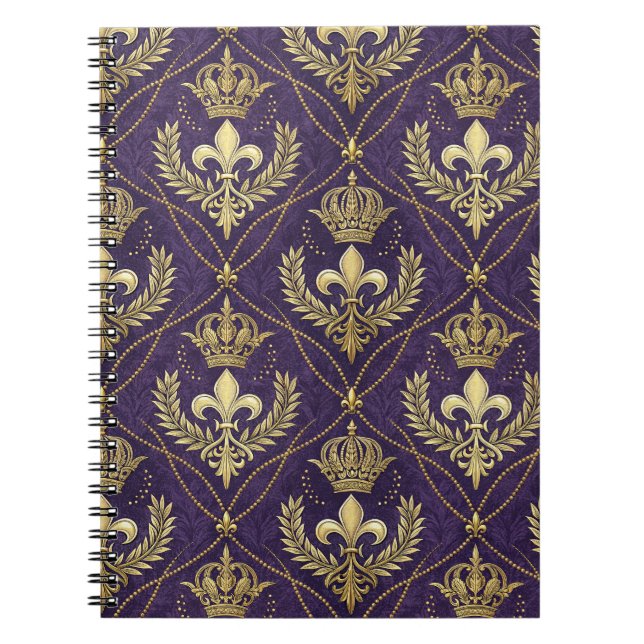 Golden Crown Fleur-de-lis Regal Purple Pattern Art Notebook (Front)