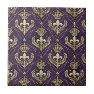 Golden Crown Fleur-de-lis Regal Purple Pattern Art Tile