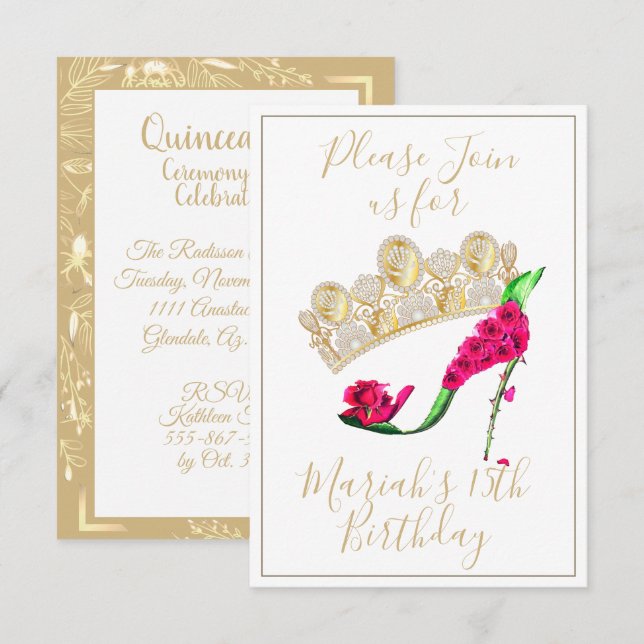 Golden Crown, Floral Fairy High Heel Shoe Invitation (Front/Back)
