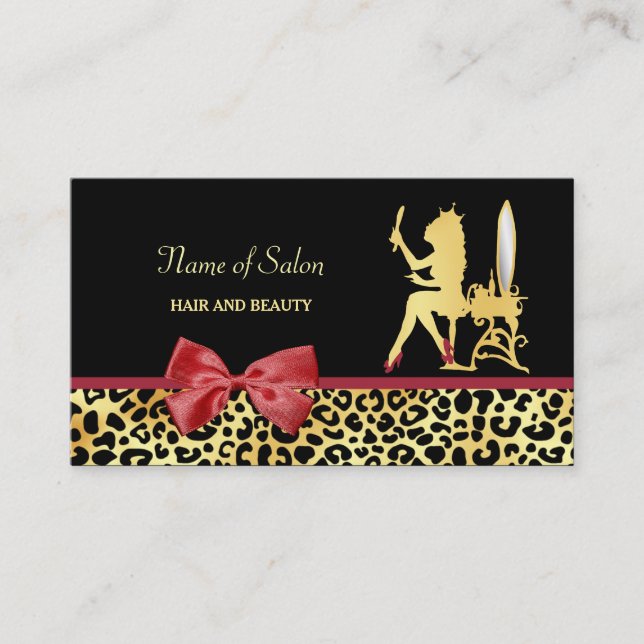 Golden Crown Leopard Print With Red Bow Hair Salon Business Card (Front)