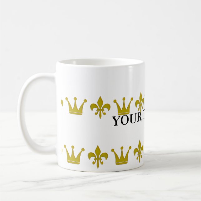 Golden Crown & Lily Border + your text & backgr. Coffee Mug (Left)