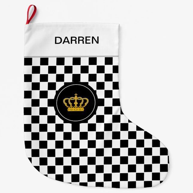 Golden Crown on Black White Chequerboard Pattern Large Christmas Stocking (Front)