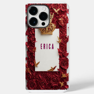 Golden Crown on Red Background Surrounded by Roses iPhone 14 Pro Max Case