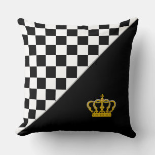 Golden Crown on Stylish Black & White Chess Cushion
