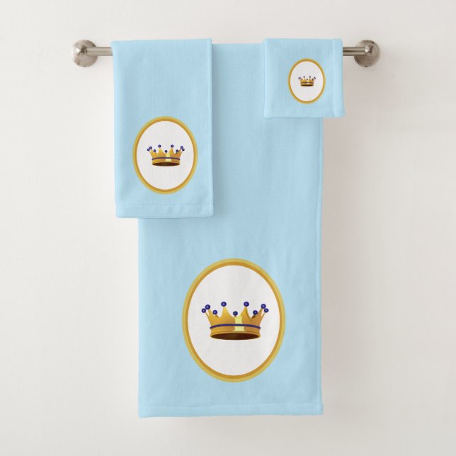 Golden Crown on White & Turquoise Bath Towel Set (Insitu)