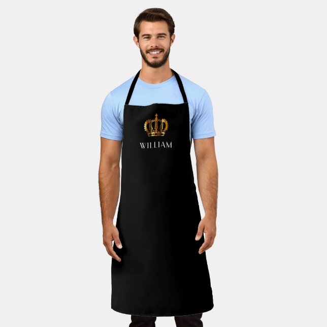 Golden Crown Personalised Name Black Apron (Worn)
