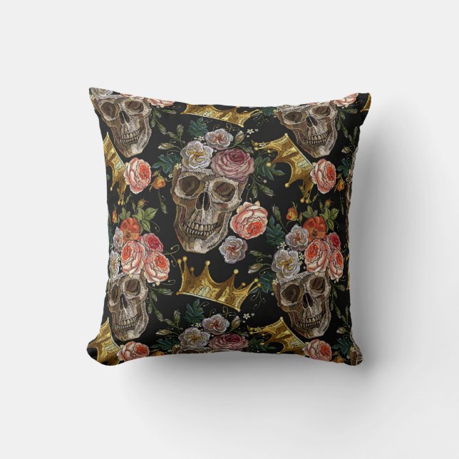 Golden Crown Skull Red Roses Gothic Halloween Cushion (Front)
