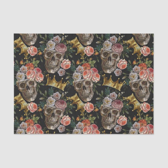 Golden Crown Skull Red Roses Gothic Halloween Tissue Paper (Front)