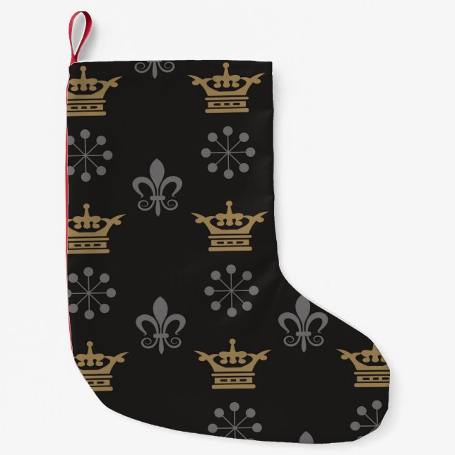 Golden Crowns On Black Wallpaper, seamless pattern Small Christmas Stocking (Front)