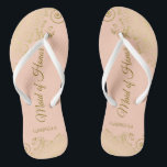 Golden Curls on Coral Peach Maid of Honour Wedding Flip Flops<br><div class="desc">These beautiful wedding flip flops are a great way to thank and recognise your Maid of Honour while saving her feet at the same time. Features an elegant design with frilly golden curls and swirls on a pale orange or coral peach coloured background and fancy gold coloured script lettering. The...</div>