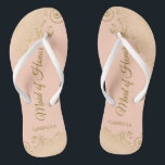 Golden Curls on Coral Peach Maid of Honour Wedding Flip Flops<br><div class="desc">These beautiful wedding flip flops are a great way to thank and recognise your Maid of Honour while saving her feet at the same time. Features an elegant design with frilly golden curls and swirls on a pale orange or coral peach coloured background and fancy gold coloured script lettering. The...</div>