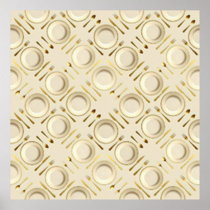 golden cutlery and white circular plates poster