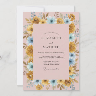 Golden Cyan Ranunculus Eucalyptus Wedding Invitation